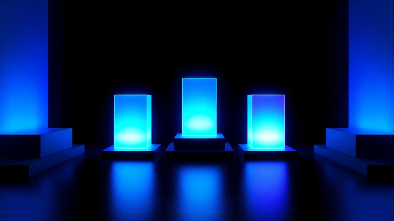 Three glowing blue pillars on a dark stage representing three automation platforms