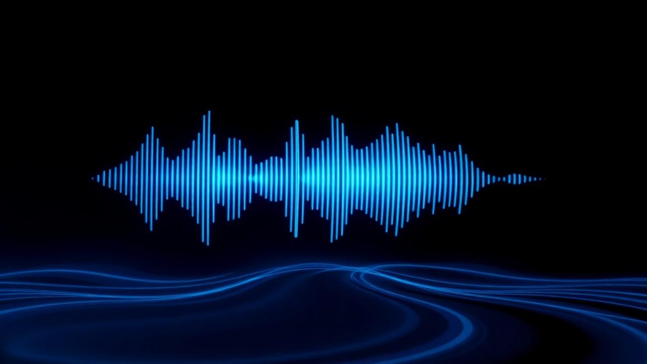 Bright blue audio waveform glowing above flowing light trails on a black background